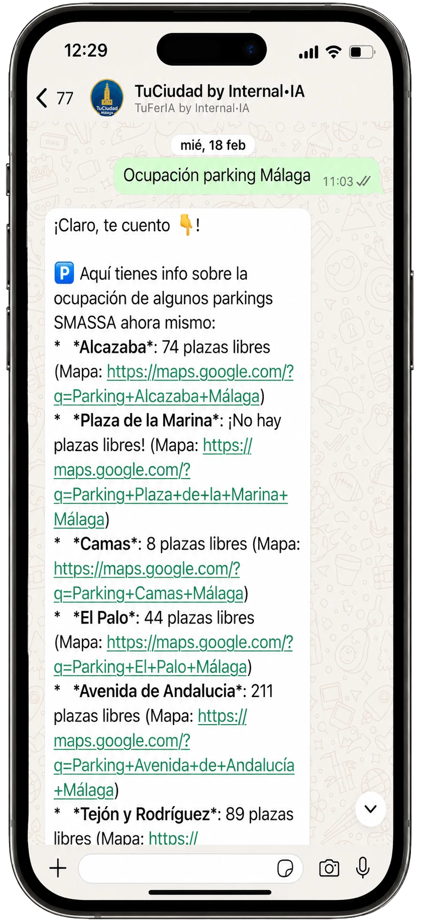 Consulta de ocupacion de aparcamientos respondida por TuCiudad en WhatsApp